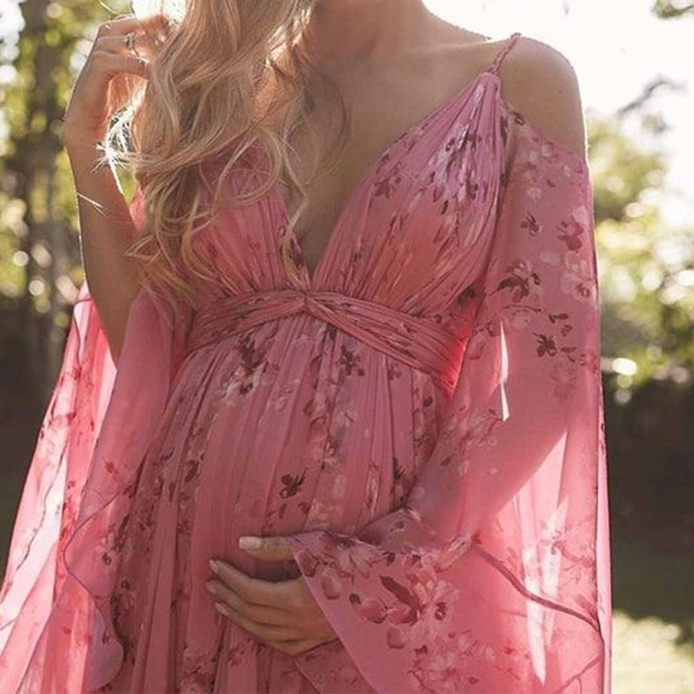 Damen Maxikleid Lang Ärmig Florales Muster Sommerkleid