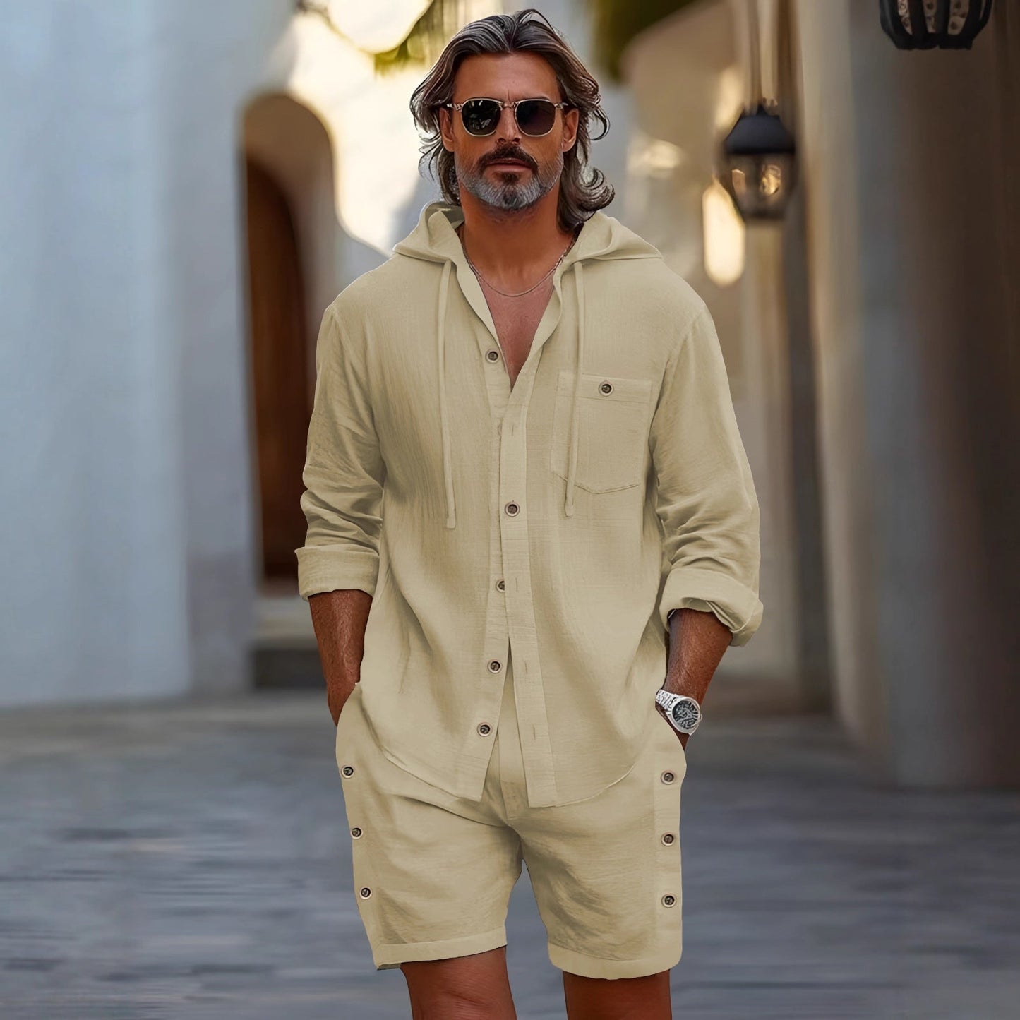 Herren Sport-Outfit Kapuze Shorts Freizeit
