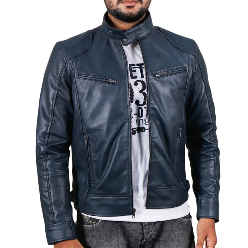 Lederjacke Herren Bikerjacke Stehkragen Reißverschluss