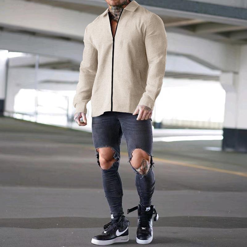 Herren Kurzarm Hemd Modern mit Reißverschluss und Struktur