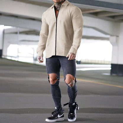 Herren Kurzarm Hemd Modern mit Reißverschluss und Struktur