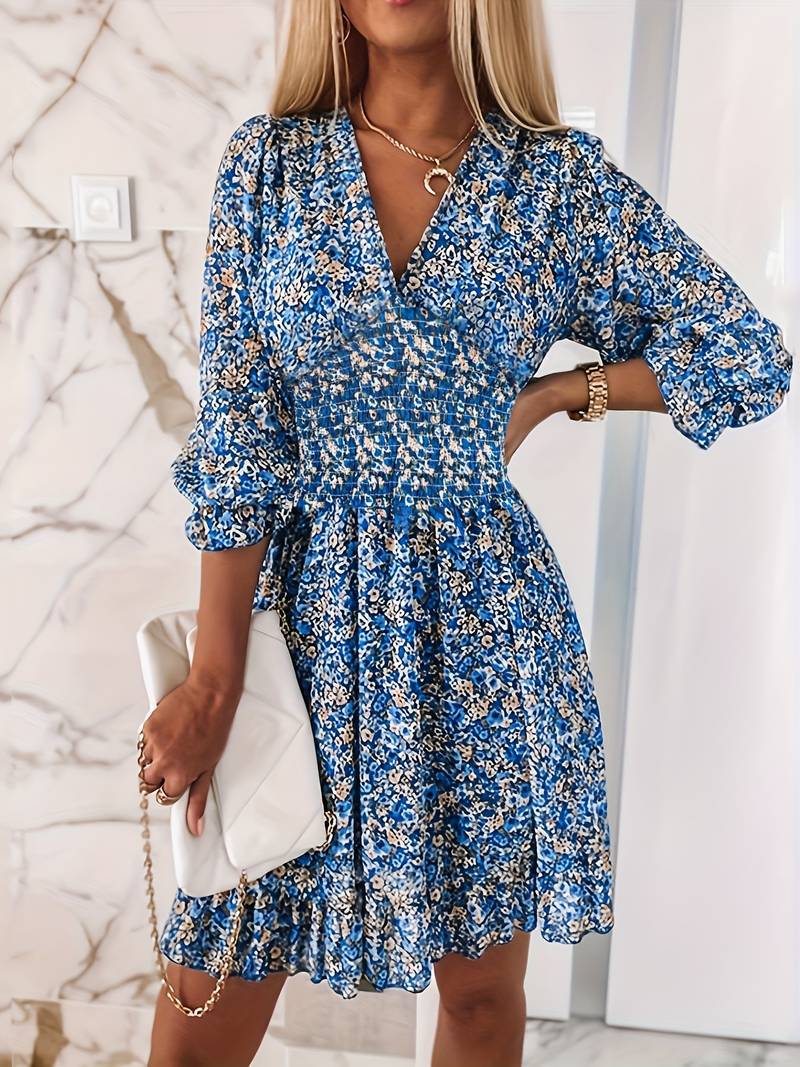 Damen Blumenkleid V-Ausschnitt Puffärmel Sommerkleid