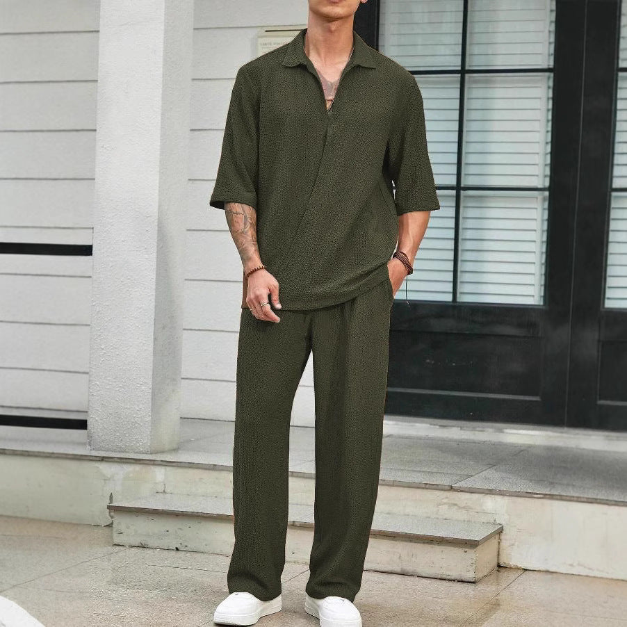 Herren Freizeitanzug Bequem Relaxed Fit mit Struktur Oberteil und Weite Hose