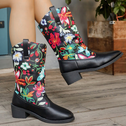 Damen Cowboy-Stiefel Blumenmuster Komfortabsatz