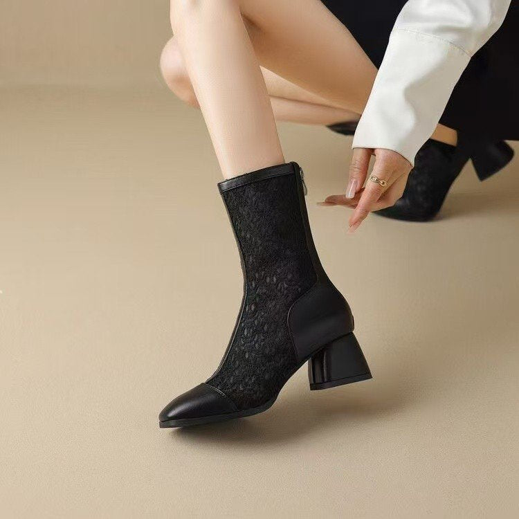 Damen Ankle Boots Spitze Blockabsatz Elegant Komfortabel