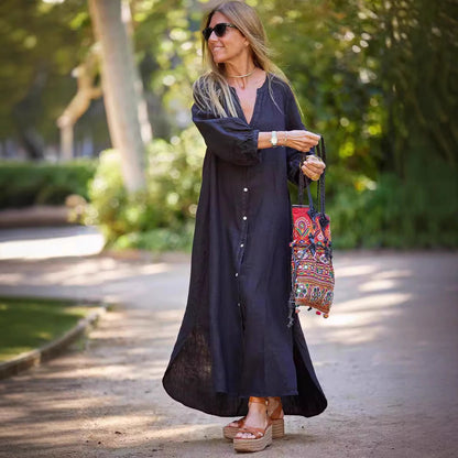 Damen Leinenkleid Langärmlig Elegant Sommer