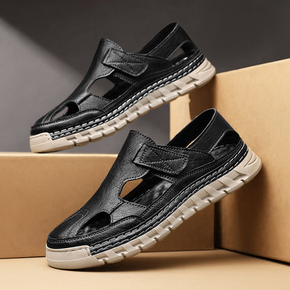 Damen Sandalen Leder Bequem Klettverschluss Sommer