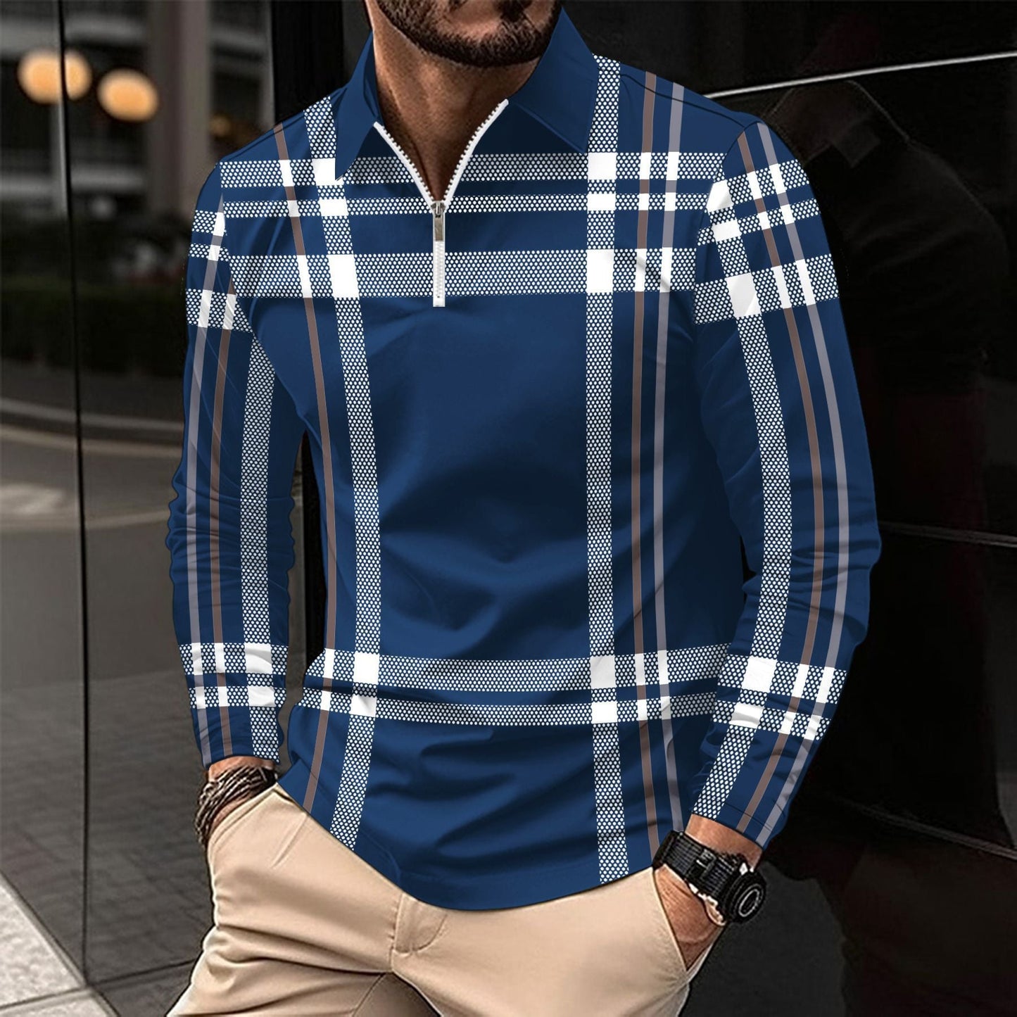 Herren Langarmshirt Karomuster Modern Reißverschluss