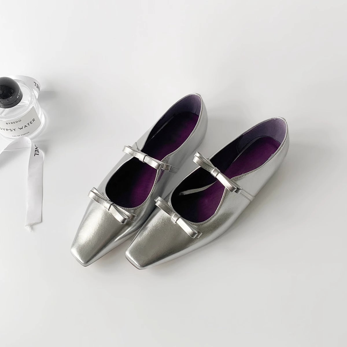 Damen Ballerinas Elegante Schleifchen Riemen Metallic
