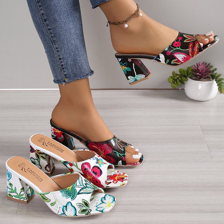 Damen Mules mit Blumenmuster und Komfortabsatz
