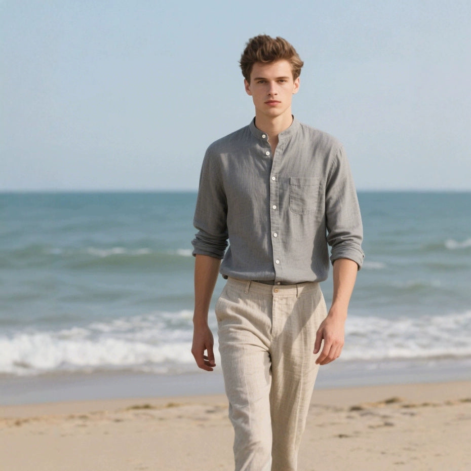 Herren Leinenhemd Stehkragen Sommer Modern