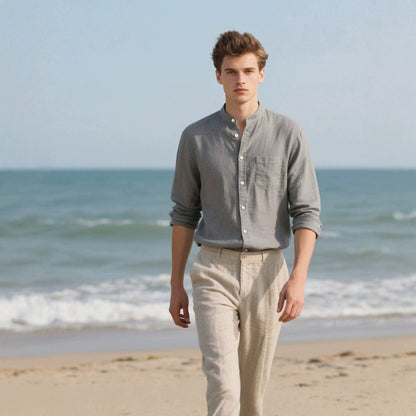 Herren Leinenhemd Stehkragen Sommer Modern