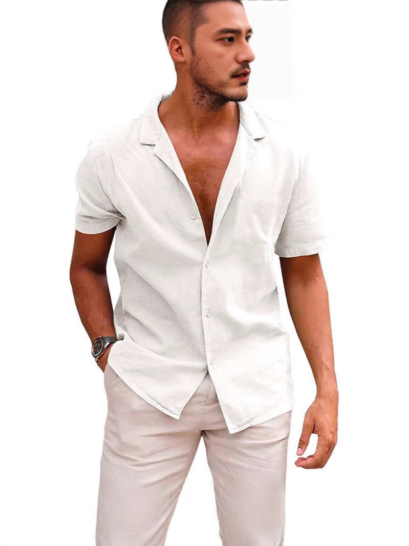 Herren Leinenhemd Kurzarm mit Knöpfen Elegant
