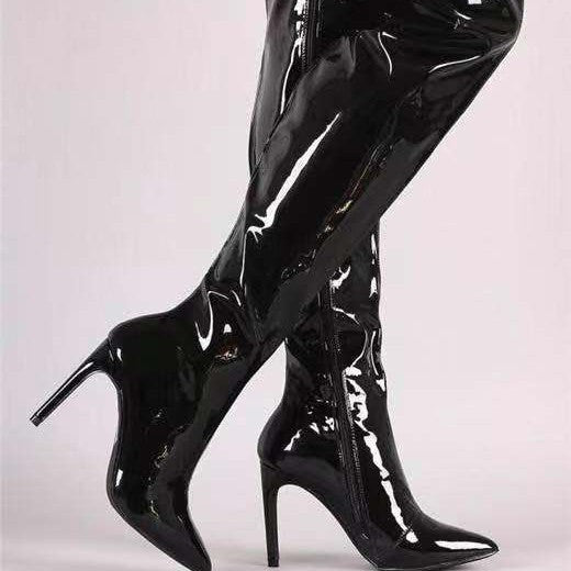 Damen Overknee Stiefel Glänzend Stiletto Hochhackig Elegant