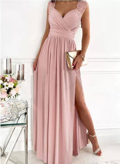 Elegantes Abendkleid Damen V-Ausschnitt Rüschen Schwarz
