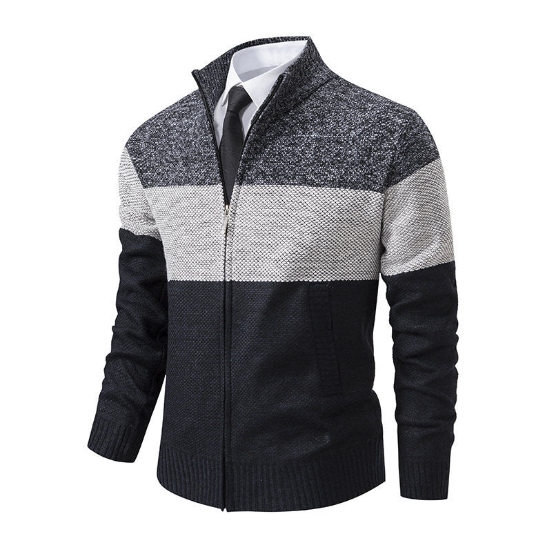 Herren Strickjacke Modern Stehkragen Zipper Schwarz
