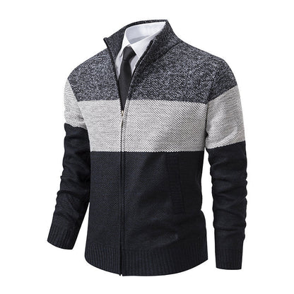 Herren Strickjacke Modern Stehkragen Zipper Schwarz