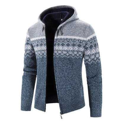 Herren Strickjacke Kapuze Elegant Grau Schwarze Muster