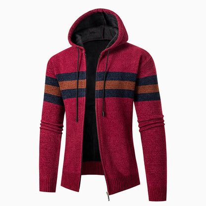 Herren Strickjacke Lässig Mit Kapuze Kontraststreifen Modern