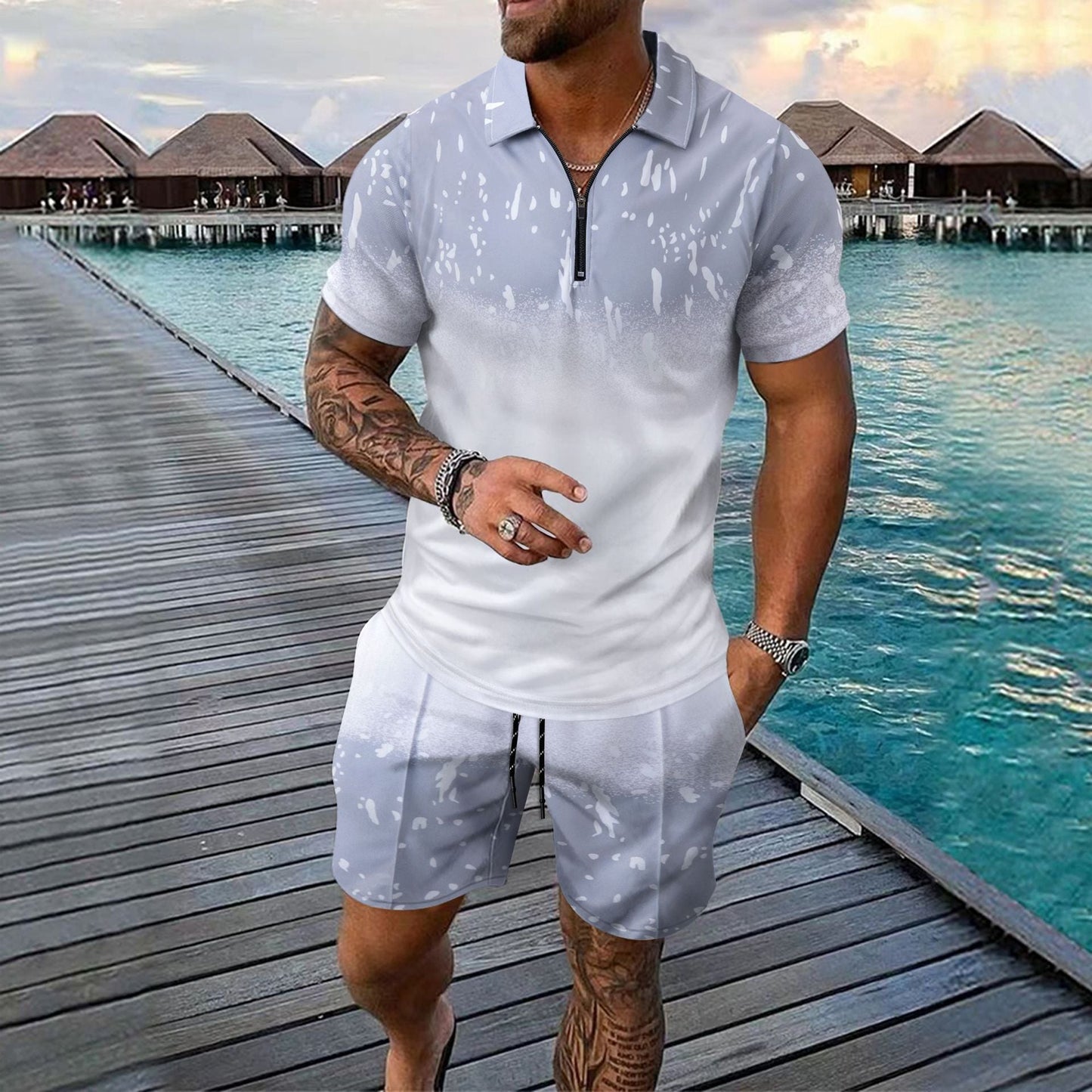 Herren Sport Outfit Kurzarmhemd Shorts Set Sommer
