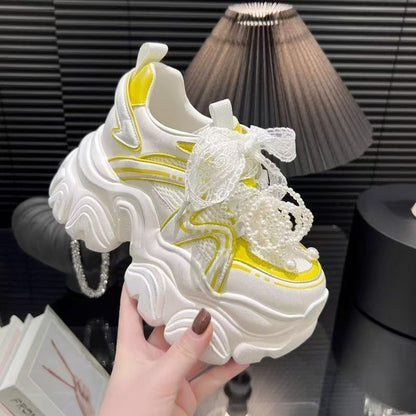 Damen Sneaker Perlen Mesh Oberfläche Modisch