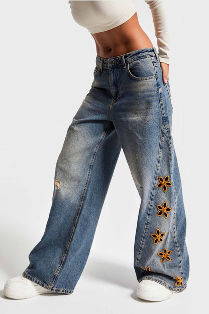 Damen Jeans Weite Bein mit Blumen Stickerei