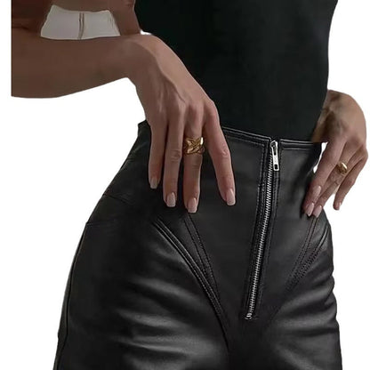 Damen Hose Hochgeschnitten Kunstleder Schwarz