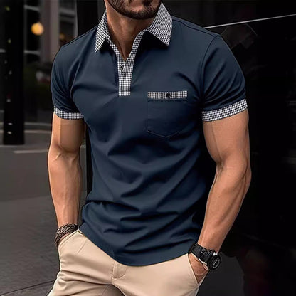 Herren Poloshirt Karomuster mit Brusttasche Modern