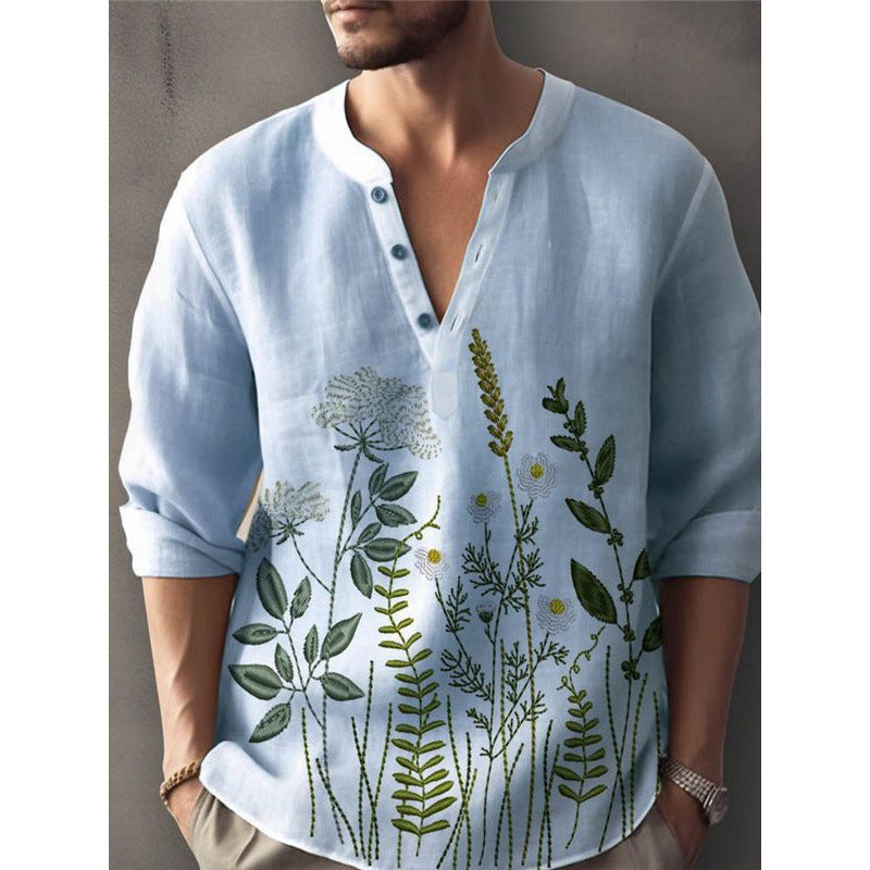 Herren Leinenhemd Floral Stickdesign Sommer