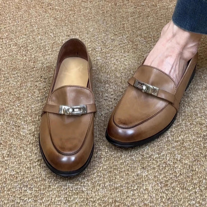Damen Loafers Leder Elegante Schnalle Schwarz - BerlinGlamour