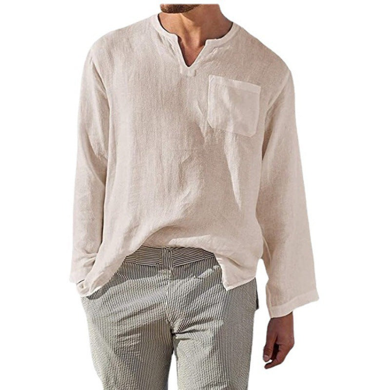Herren Leinenhemd Langarm V-Ausschnitt Elegant