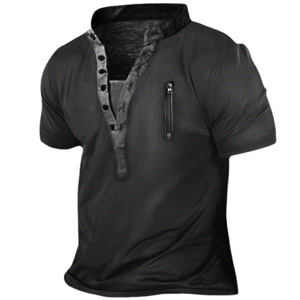Herren T-Shirt Kurzarm Stehkragen Reißverschluss Tasche Modern