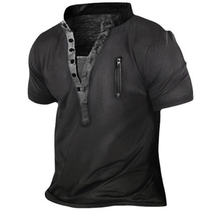 Herren T-Shirt Kurzarm Stehkragen Reißverschluss Tasche Modern