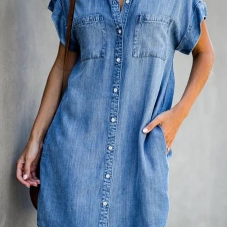 Damen Jeanskleid mit Taschen und Knöpfen Modern