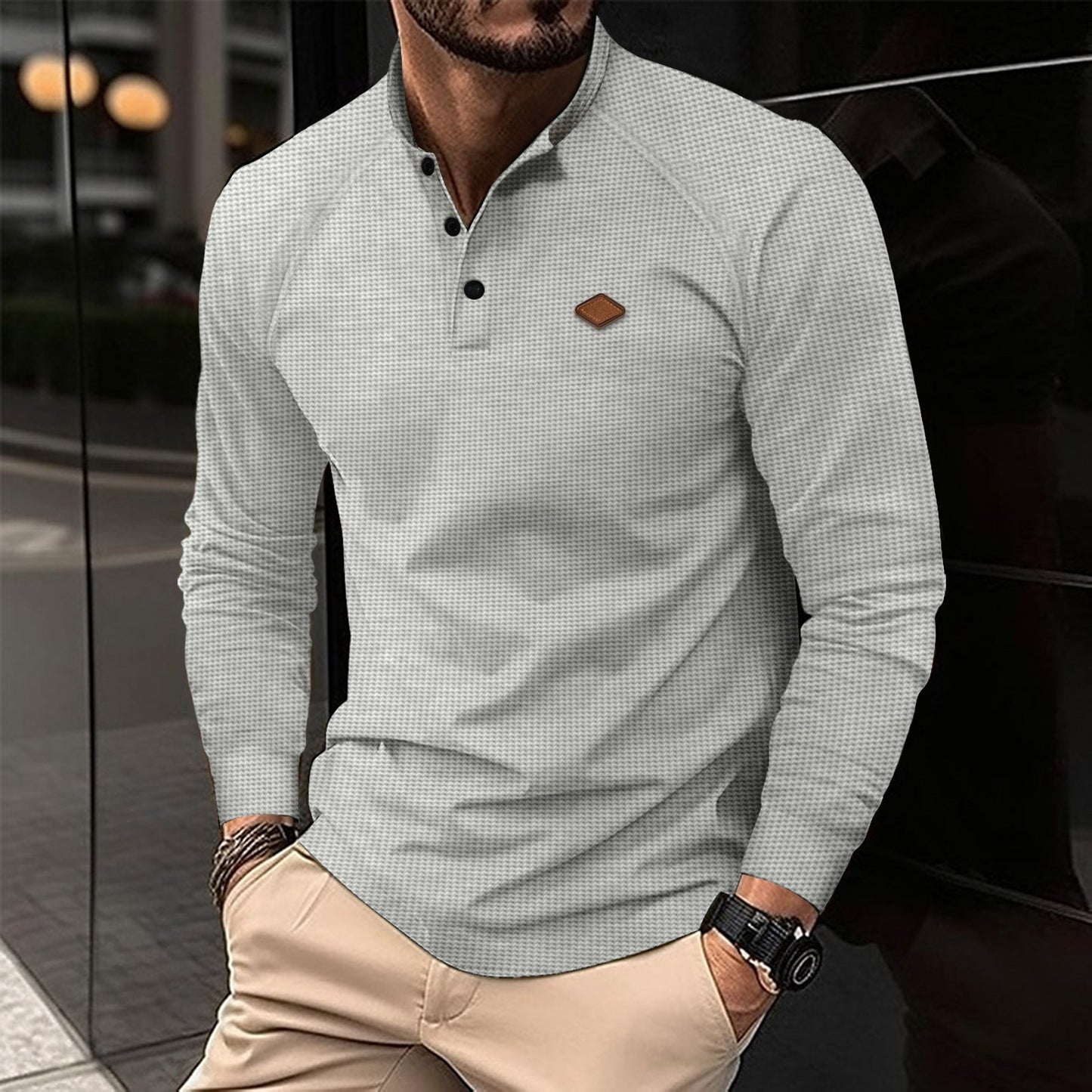Herren Polohemd Langarm Modern Dezent Muster