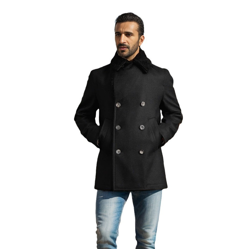 Herren Wollmantel Schwarz Gefüttert Warm