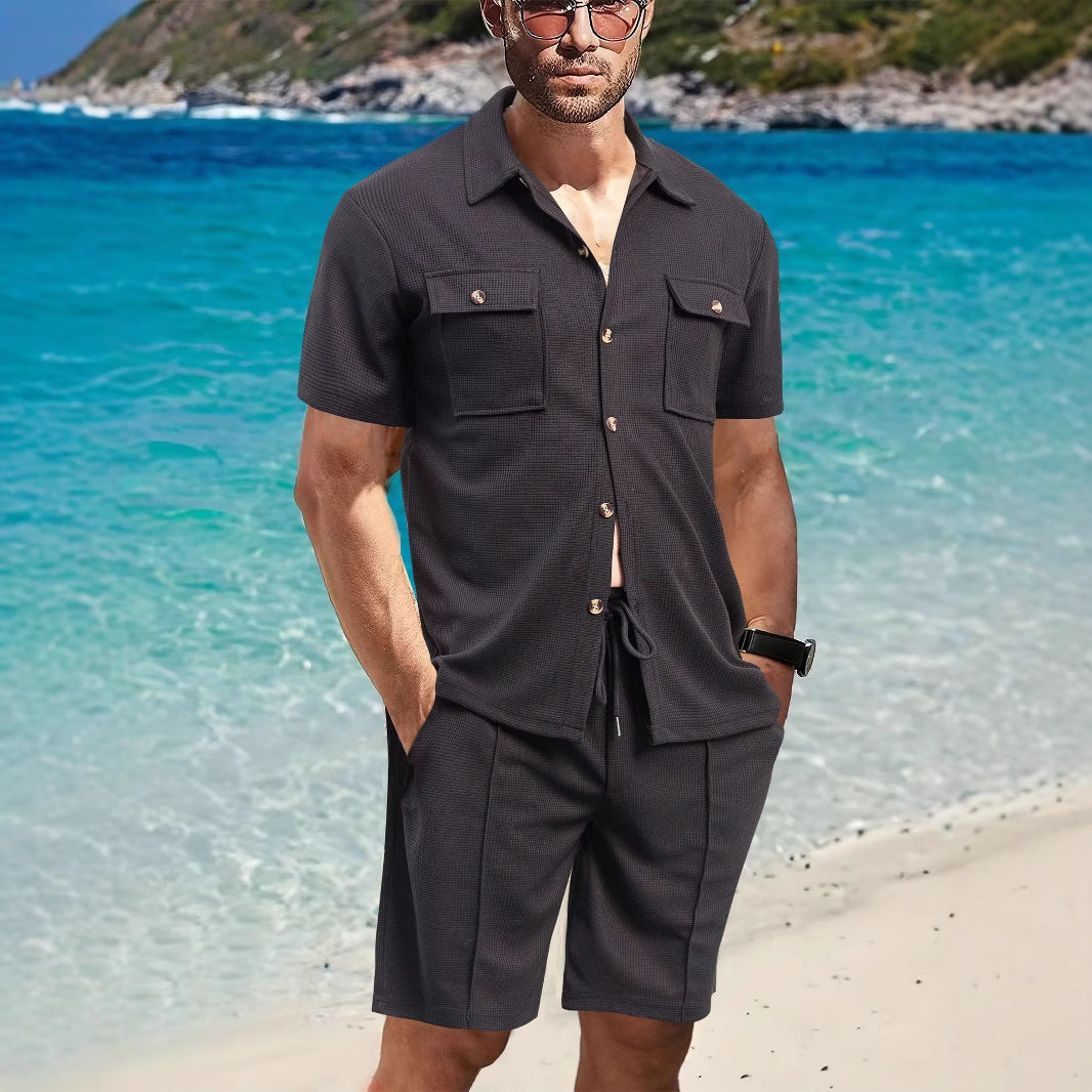 Herren Strandoutfit Shorts Hemd Set mit Taschen Sommer