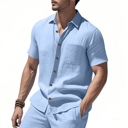 Herren Leinenhemd Kurzarm mit Taschen und Holzknöpfen Elegant