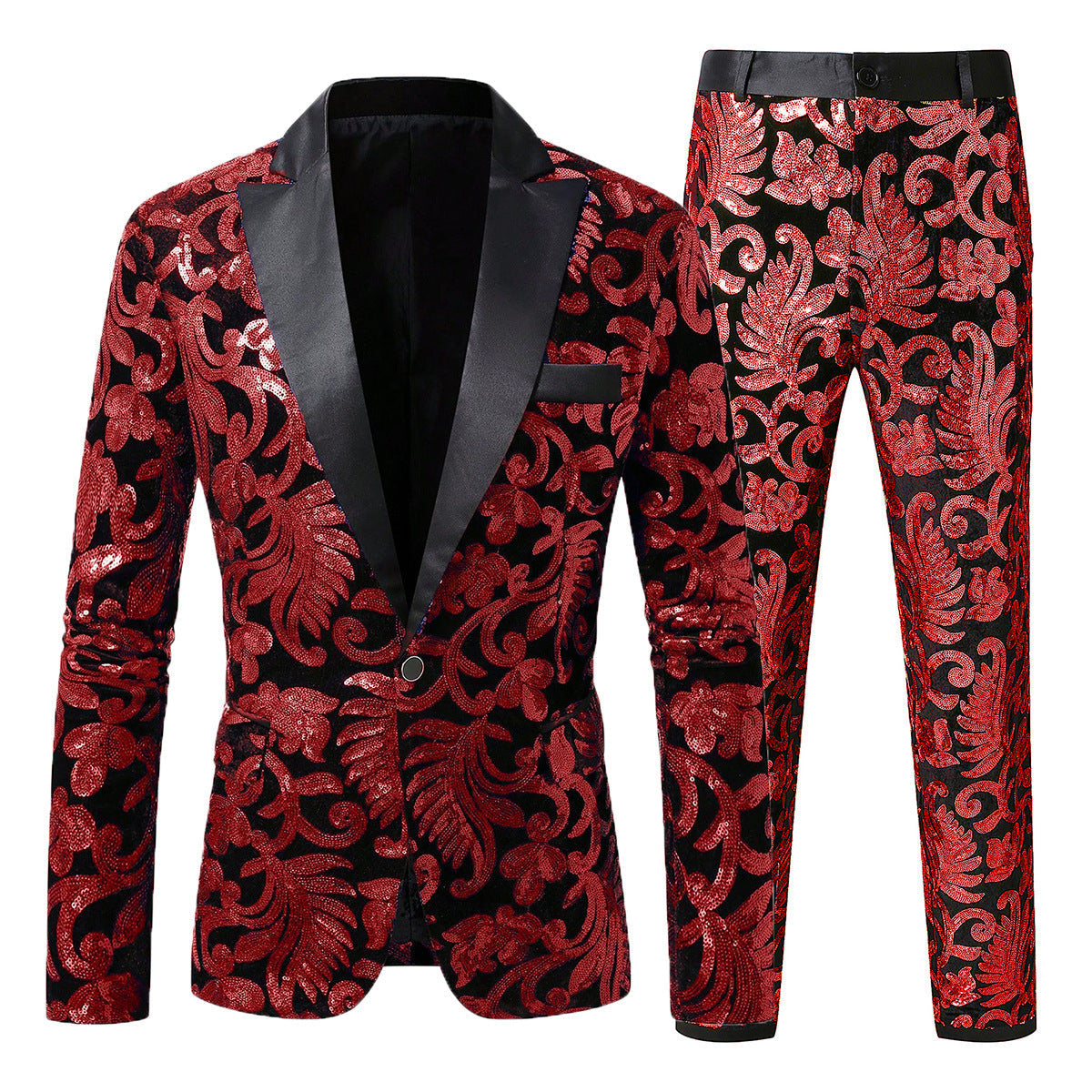 Herren Anzugset Pailletten mit Blumenmuster Elegant Schwarz