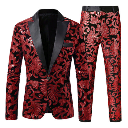 Herren Anzugset Pailletten mit Blumenmuster Elegant Schwarz