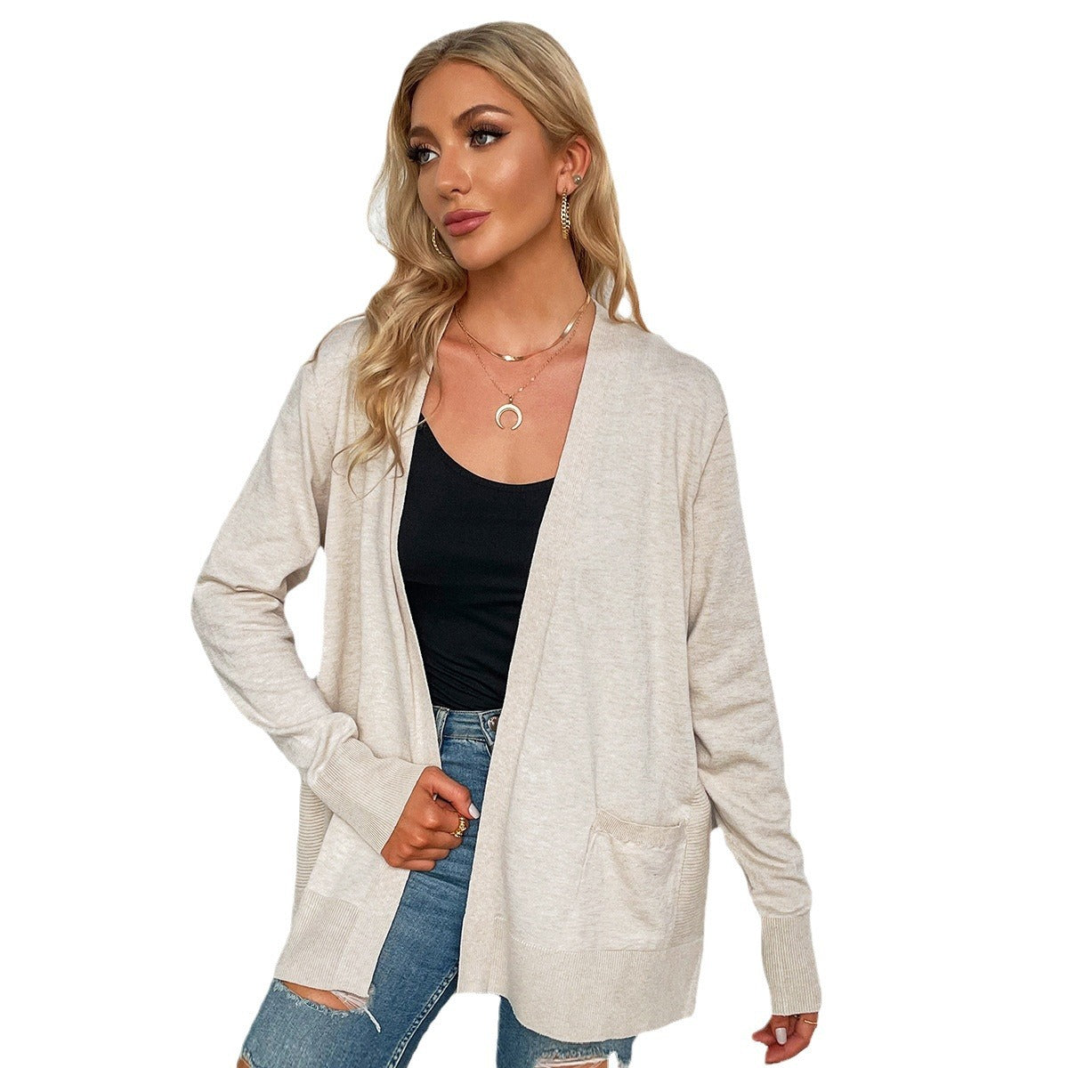 Damen Strickcardigan Lässig Mit V-Ausschnitt und Taschen