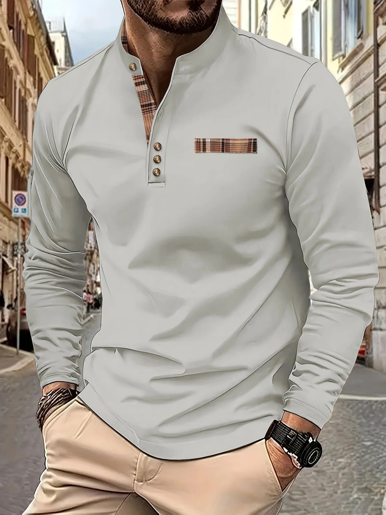 Herren Poloshirt Langarm Karomuster Modern