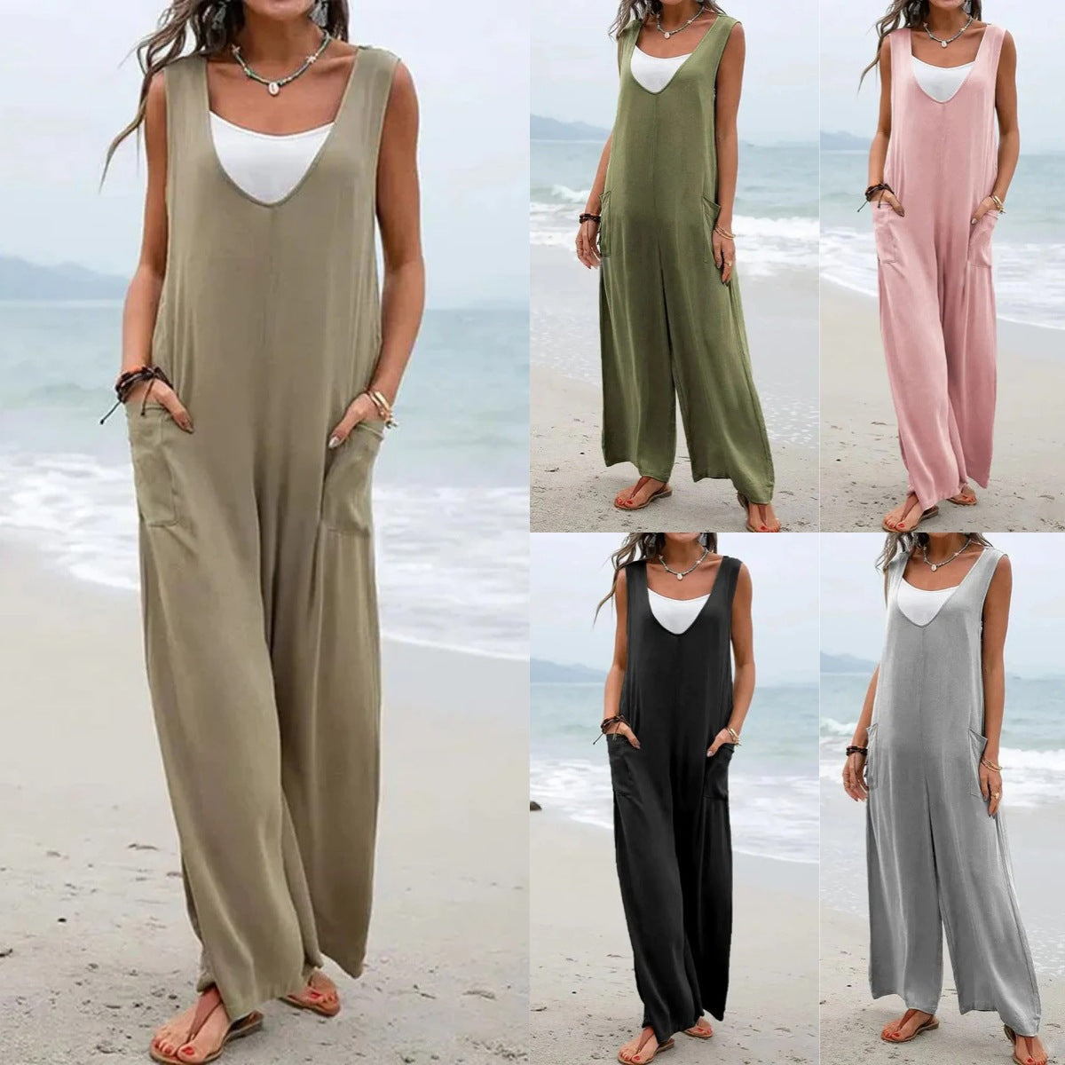 Sommer Jumpsuit Damen Weit mit Taschen und V-Ausschnitt - BerlinGlamour