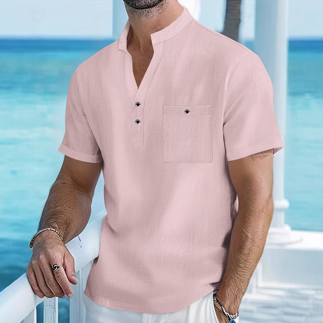 Herren Hemd Kurzarm Henley Ausschnitt mit Brusttasche Modern