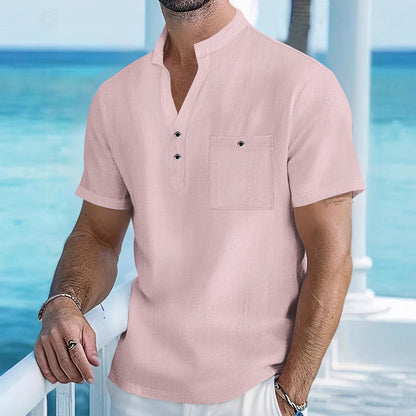 Herren Hemd Kurzarm Henley Ausschnitt mit Brusttasche Modern