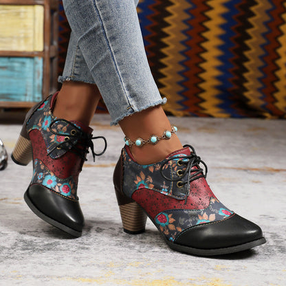 Damen Stiefeletten Blumenmuster Komfort Blockabsatz