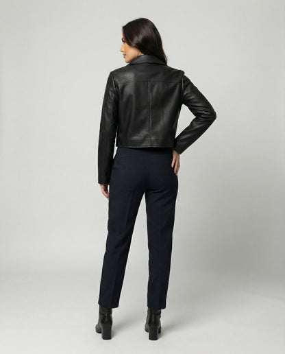 Damen Lederjacke Schwarz Biker Style Kurz