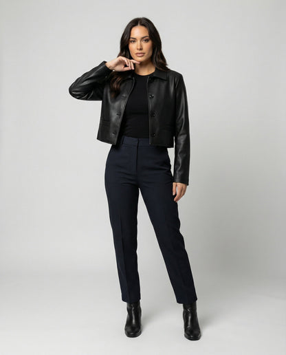 Damen Lederjacke Schwarz Biker Style Kurz