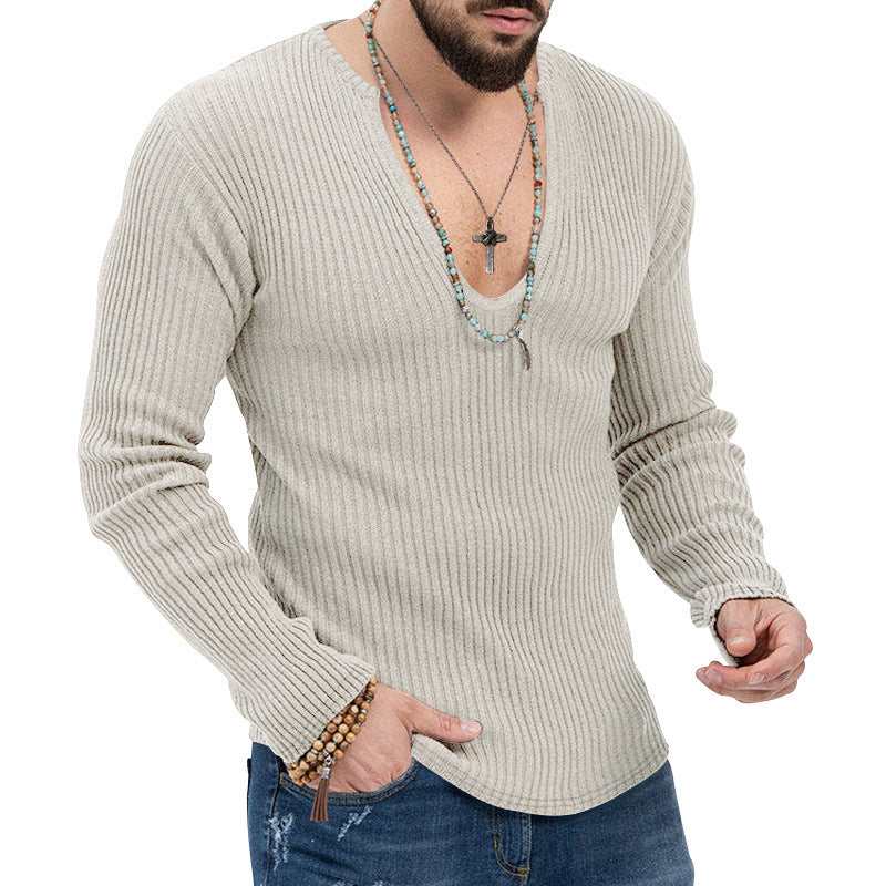 Herren Langarmshirt Strukturiert V-Ausschnitt Rippdesign Modern