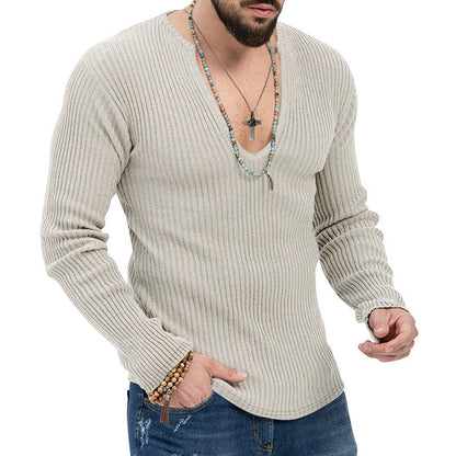Herren Langarmshirt Strukturiert V-Ausschnitt Rippdesign Modern